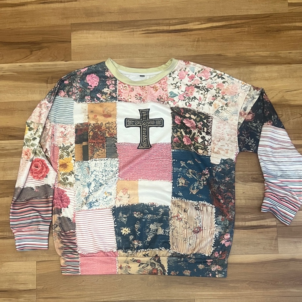 Patchwork Floral Sweatshirt Cross Graphic Long Sleeve Top Size Large